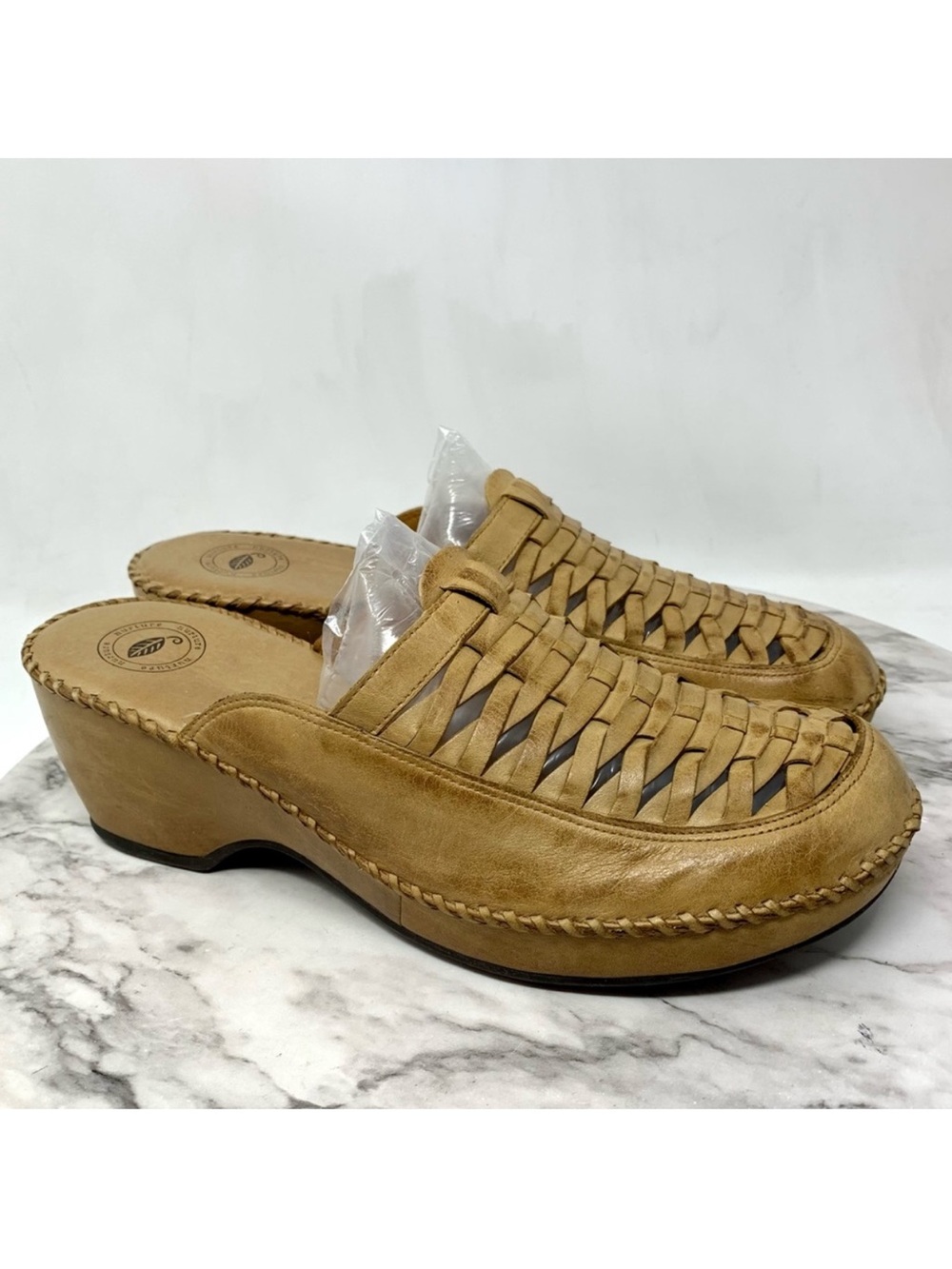 Nurture Transit Tan Woven Leather Whipstitched Comfort Clog Mules 9.5 Earthy